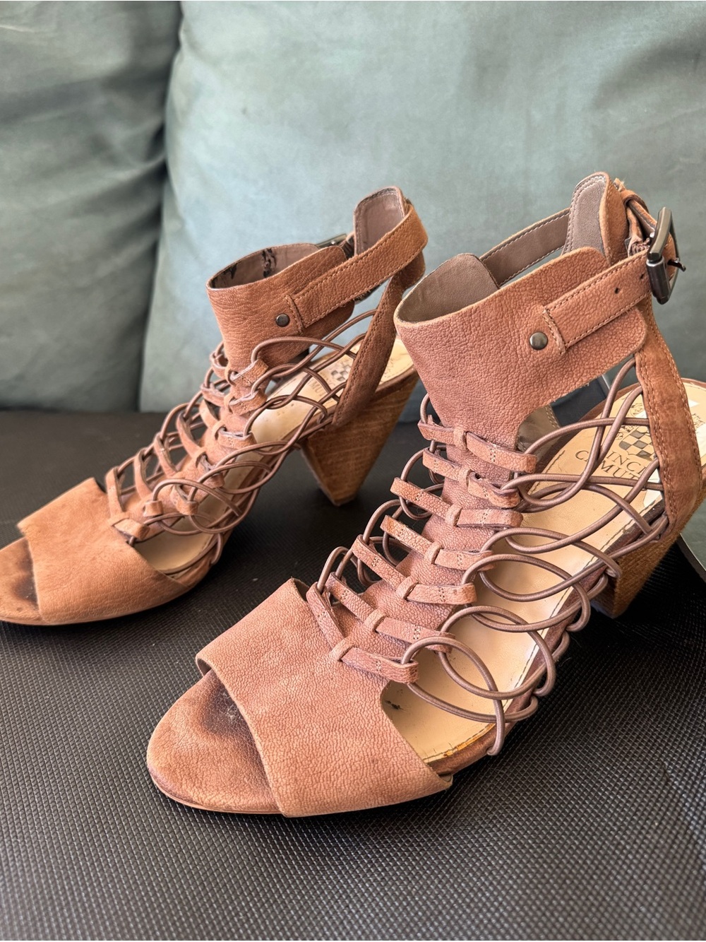 Vince Camuto Rose-Tan Suede Lace Cage Block Heel Sandals